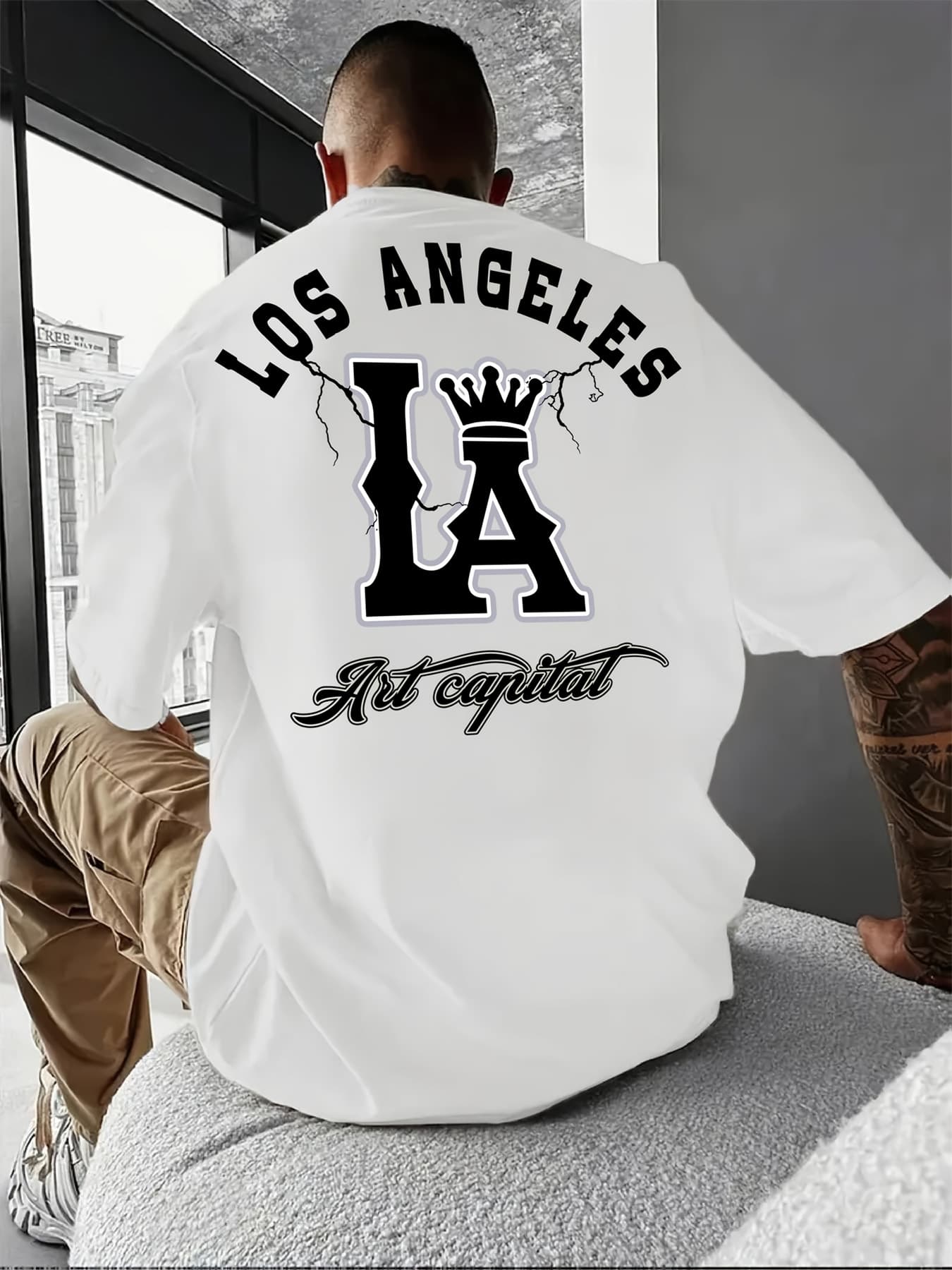 100% Pure Cotton Men's Summer Fashion Short Sleeved Shirt With Letter And Large LA Pattern Printed Casual Slim Fit Versatile T-shirt Top