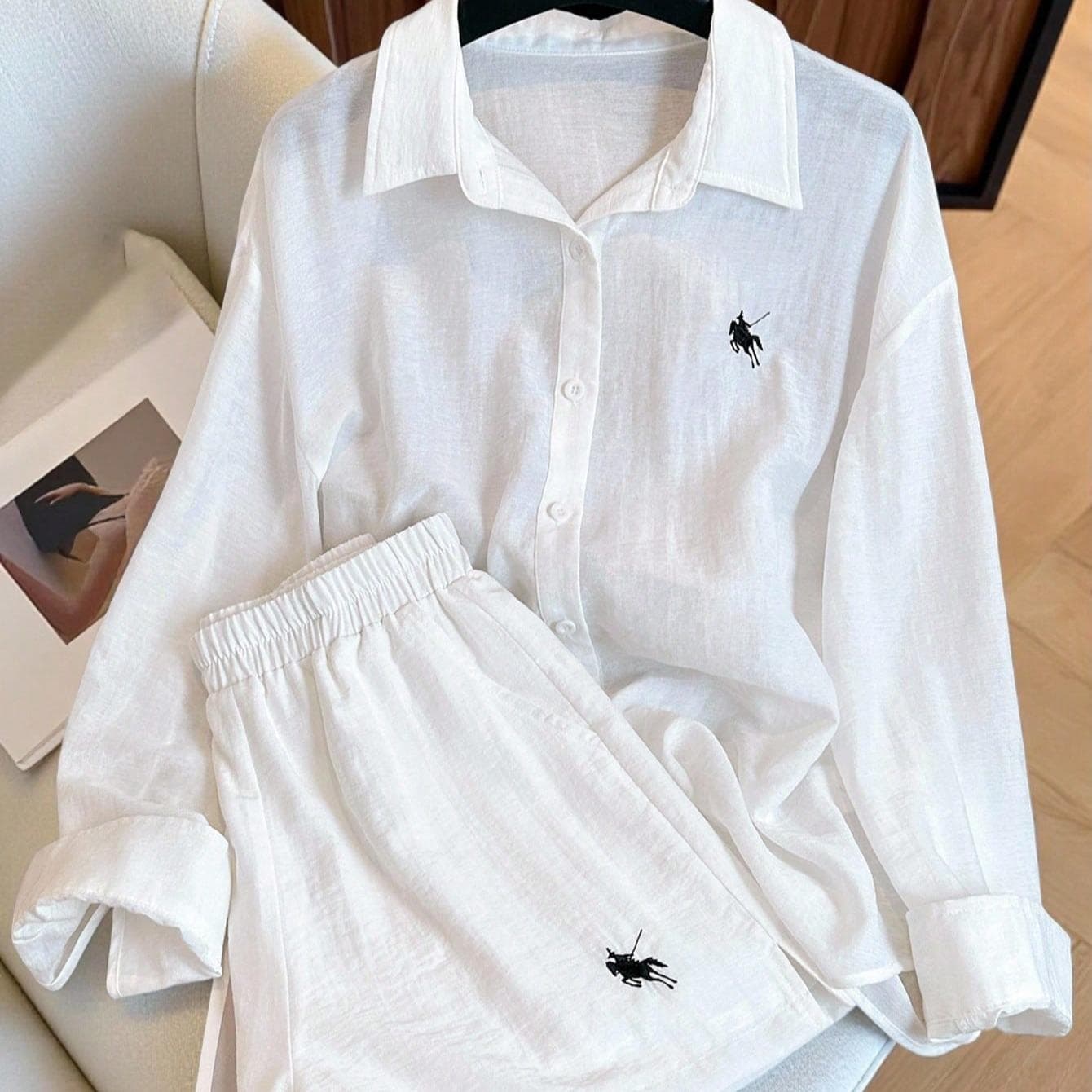 ​​Women's Embroidered Logo Shirt & Shorts Set - Loose Fit Long Sleeve Resort Wear​​