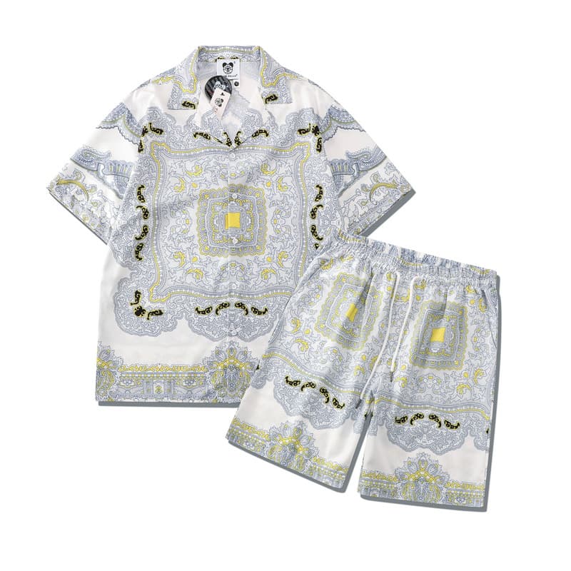 Men's clothing high street floral shirt suit retro palace full print positioning shirt casual cardigan shorts matching men