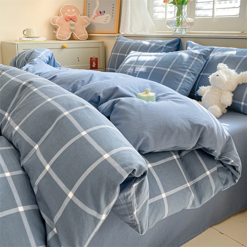 Skin-friendly Plaid Washed Cotton Striped Four-piece Bed Sheet, Duvet Bedding Set, Quilt Cover, Student Dormitory
