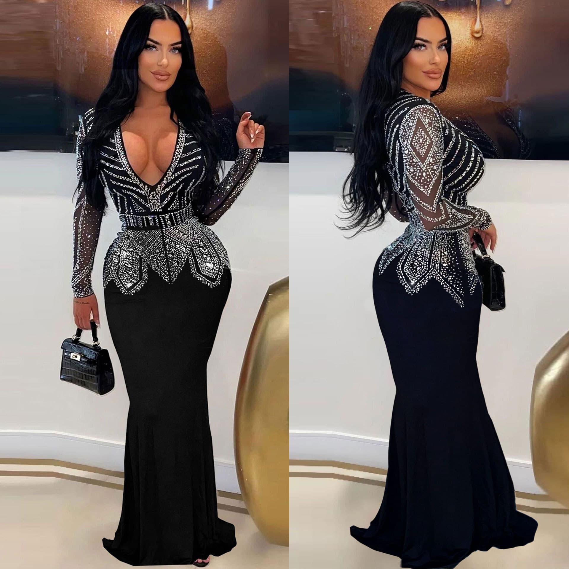Women's Clothing Sexy Slim Fit Hot Diamond Hip wrapped V neck Dress