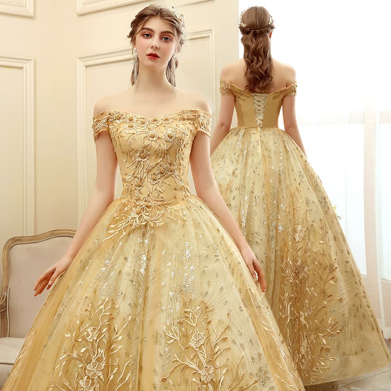 Golden evening dress for women atmospheric stage performance tutu skirt long host company annual meeting dress