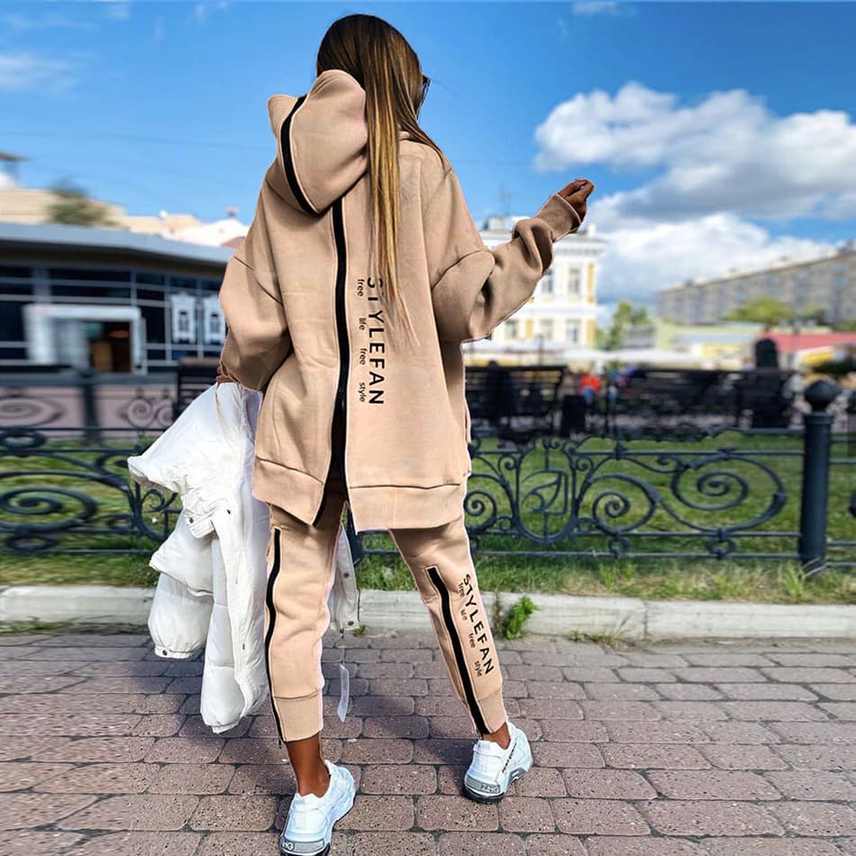 Women's fashion print loose long hoodie + pantsuit