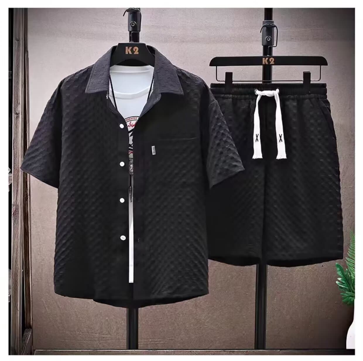 Men's Summer Ice Silk Matching Set - Trendy Short Sleeve Shirt & Shorts, Plaid Lightweight Sporty Outfit, 2-Piece Casual Wear