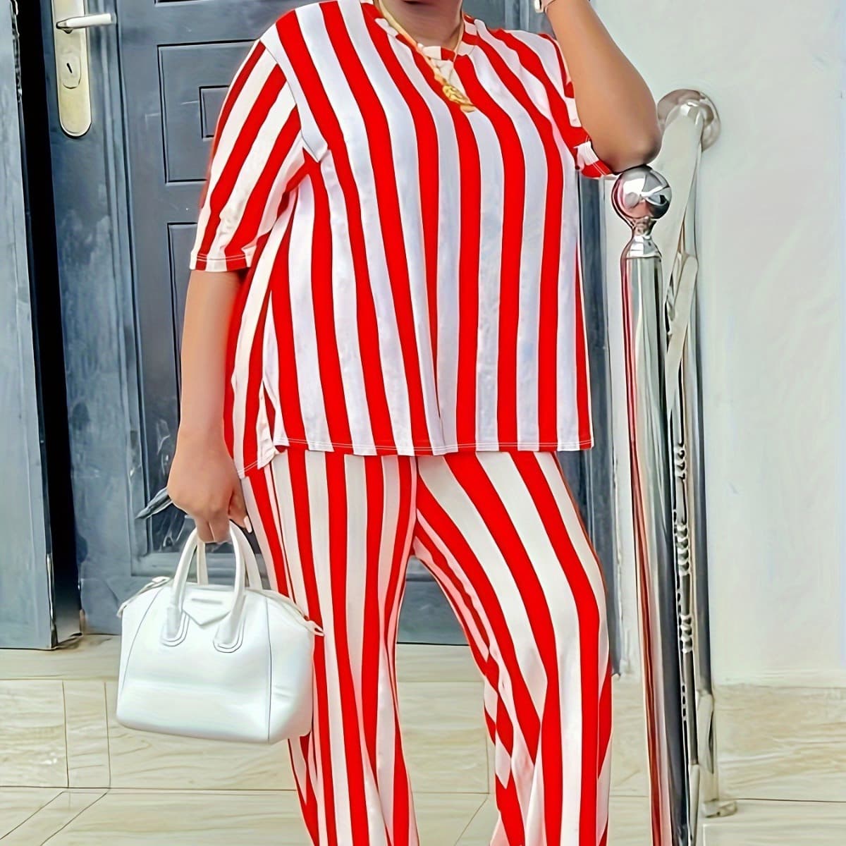 Women's clothes new vertical stripe large size two-piece set