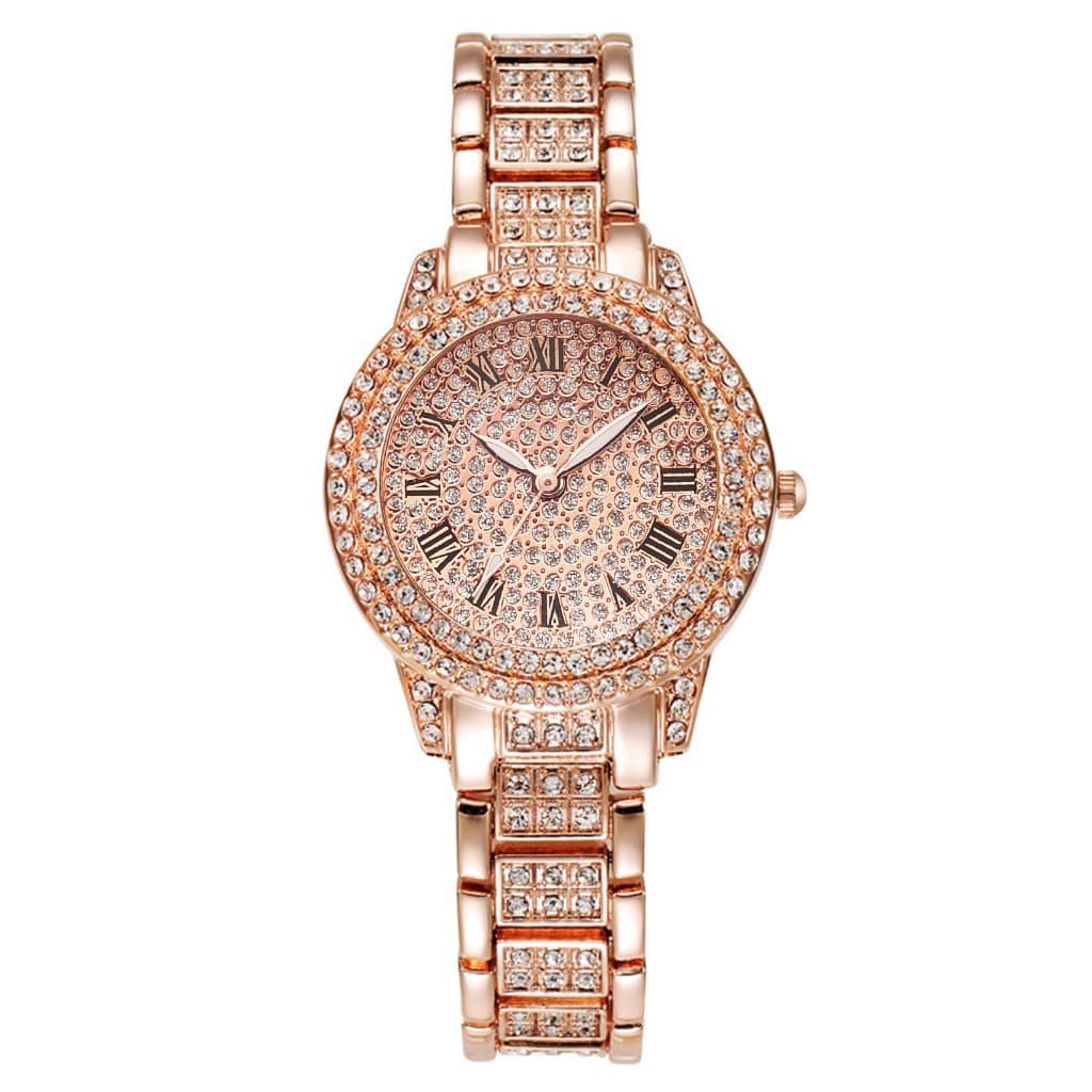Full Diamond Roman Numeral Steel Band Dial Starry Sky Elegant Business Quartz Watch Hip-Hop Style Bracelet Set