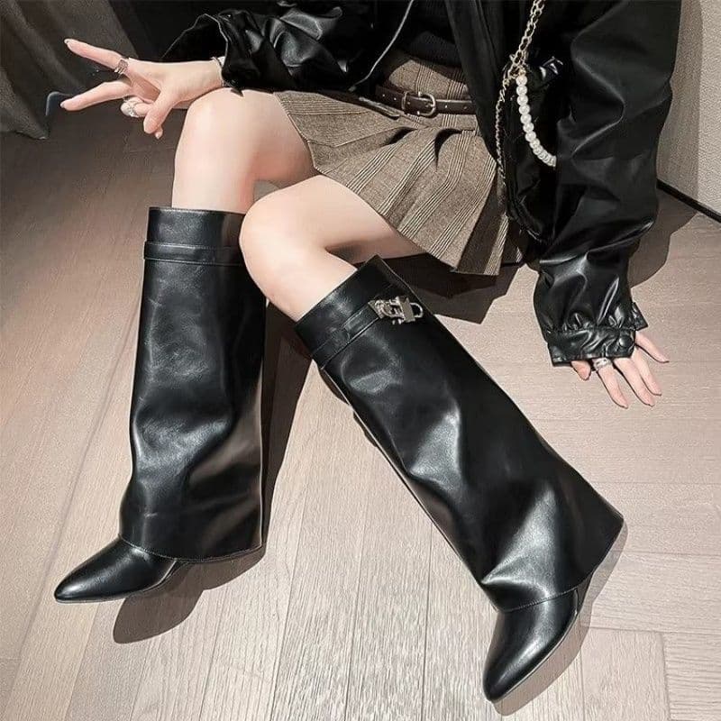 Elegant Retro Women's Knee-High Boots - Pointed Toe, Chunky Heel, Versatile Styling For Fall/Winter/Spring