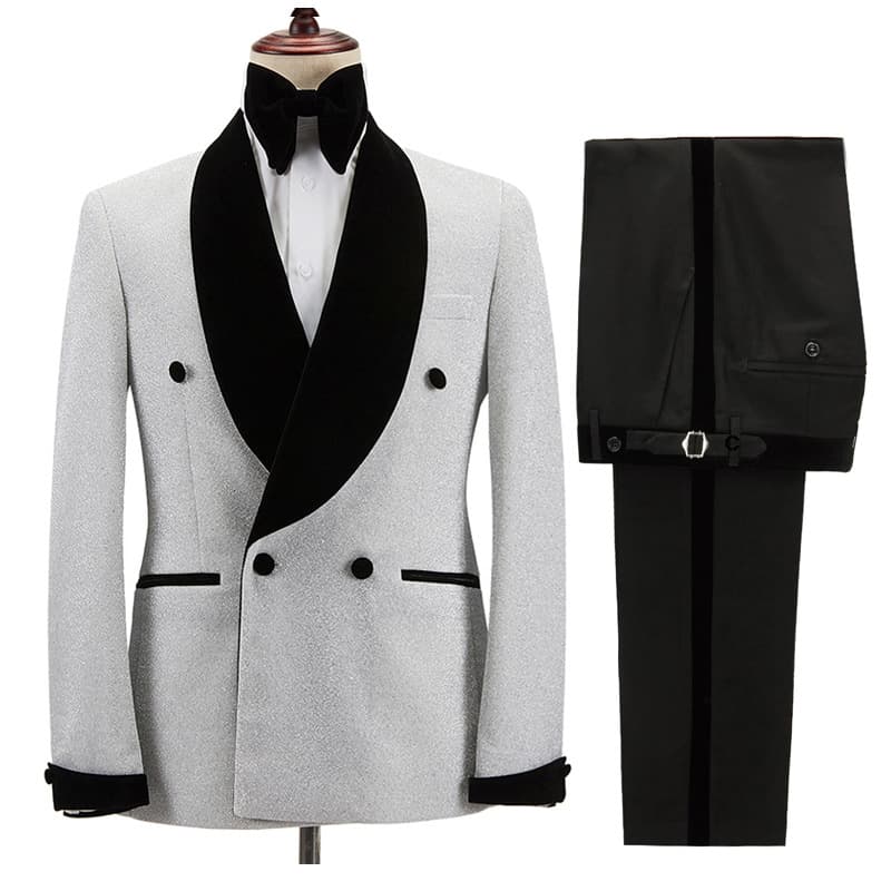 2pcs Men's Clothing Suit Wedding Dress Groomsman Clothing Gun Lapel Double-breasted Sequin Suit Banquet Blazers Set