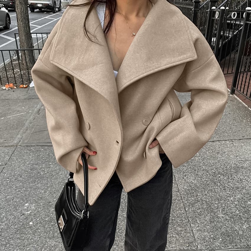 Women's Clothing Elegant Khaki Wool Blend Trench Coat For Women - Double-Breasted Winter Overcoat With Relaxed Fit