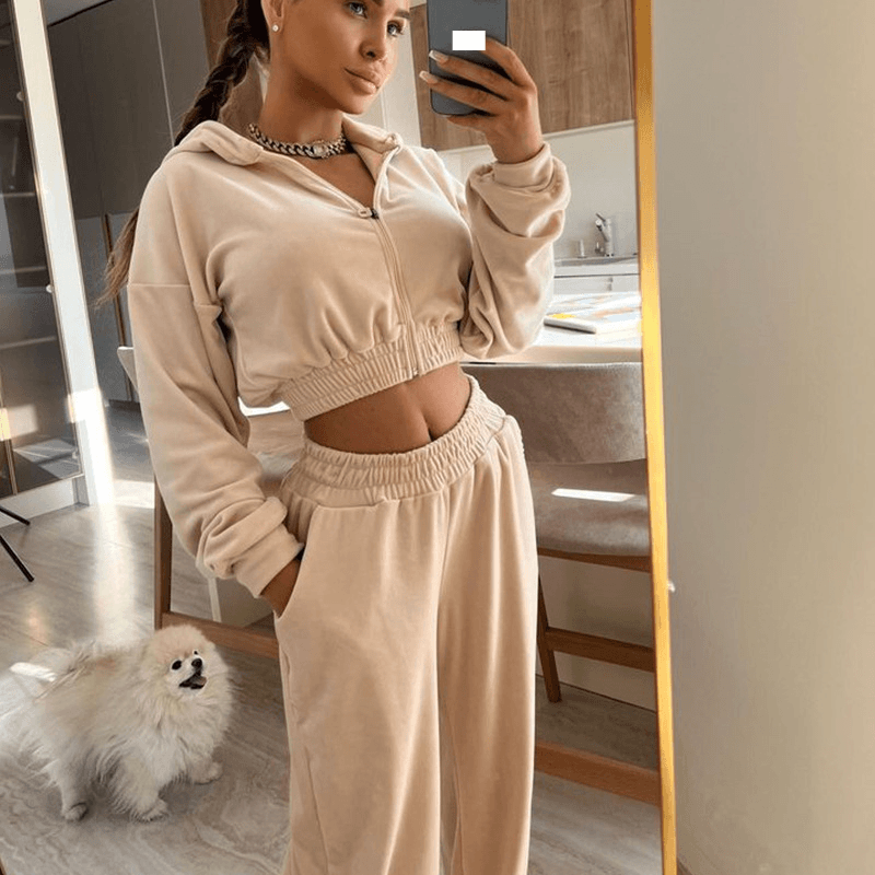 Women's Clothing suit long sleeved zipper hooded casual sweatshirt elastic trousers two piece suit