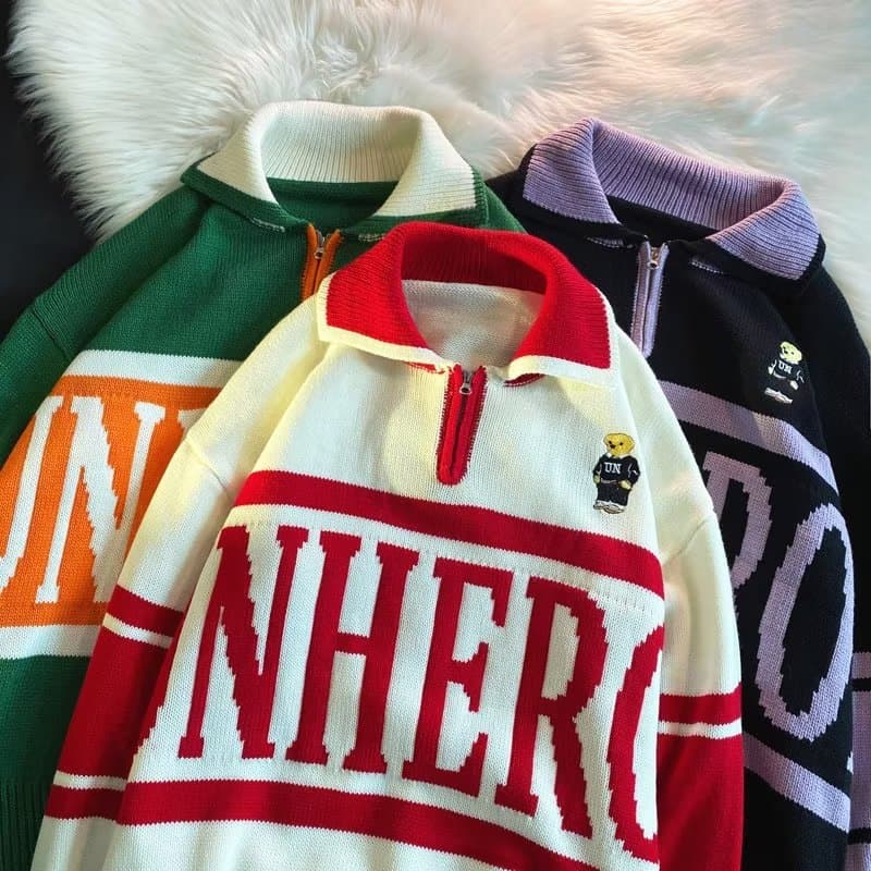Men's Clothing Polo collar cartoon letter sweater men autumn and winter contrast color pullover loose couple style half zipper lapel top