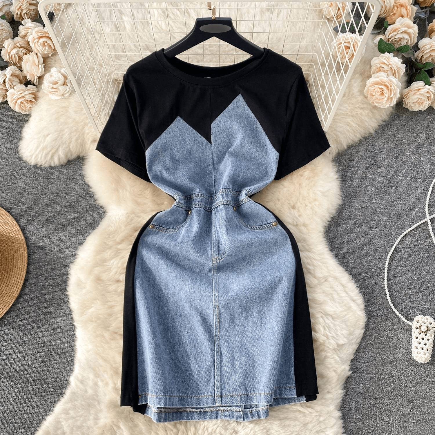 Women's Denim Two-Piece Dress Set - Round Neck Short Sleeve Top With Slimming High Waist Shorts