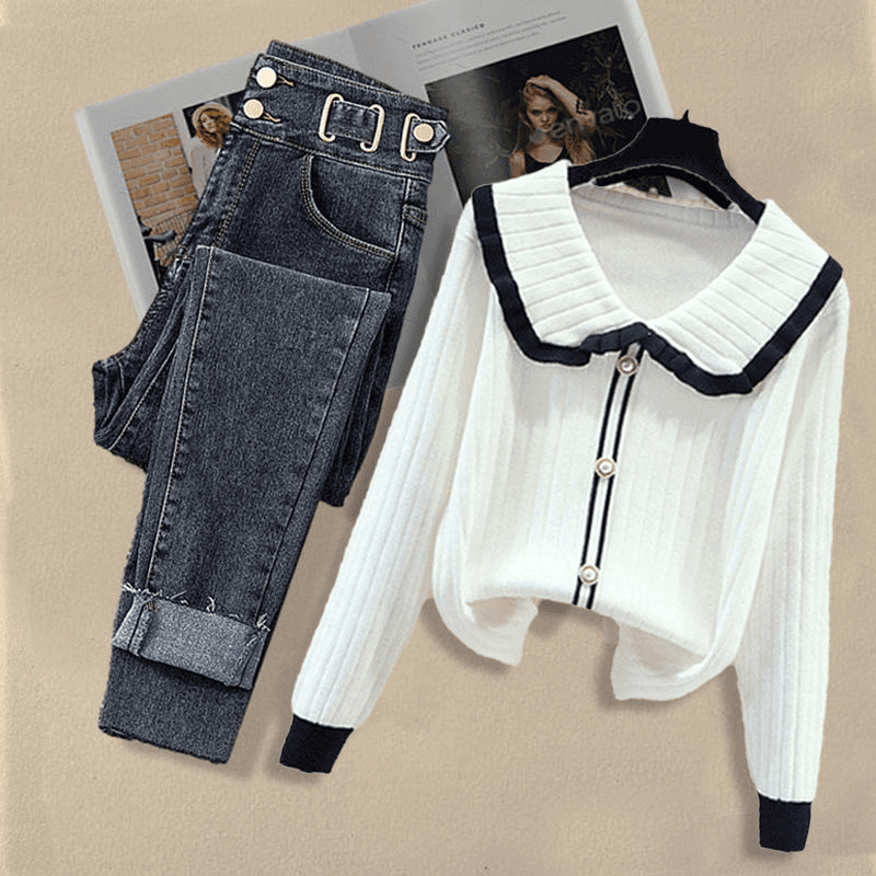 Women's Clothing New Fashion Loose Letter Hooded Knitted Jacket Jeans Two Piece Suit
