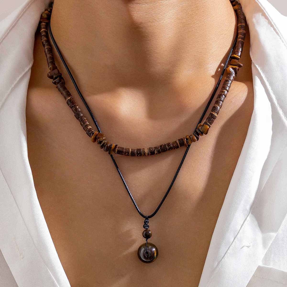 Men's Fashion Necklace Set - Coconut Shell & Turquoise Beaded Layered Chain (Hip-Hop Style Wax Cord & Leather Unisex Layered Jewelry)​