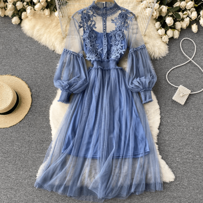 Heavy Industry Three-dimensional Flower Mesh Temperament Stand-up Collar Lantern Sleeves High Waist Slim Suspender Two-piece Suit Fairy Dress