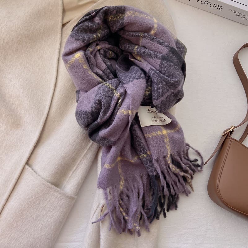 High-grade purple women's winter thick warm long plaid imitation cashmere warm scarf