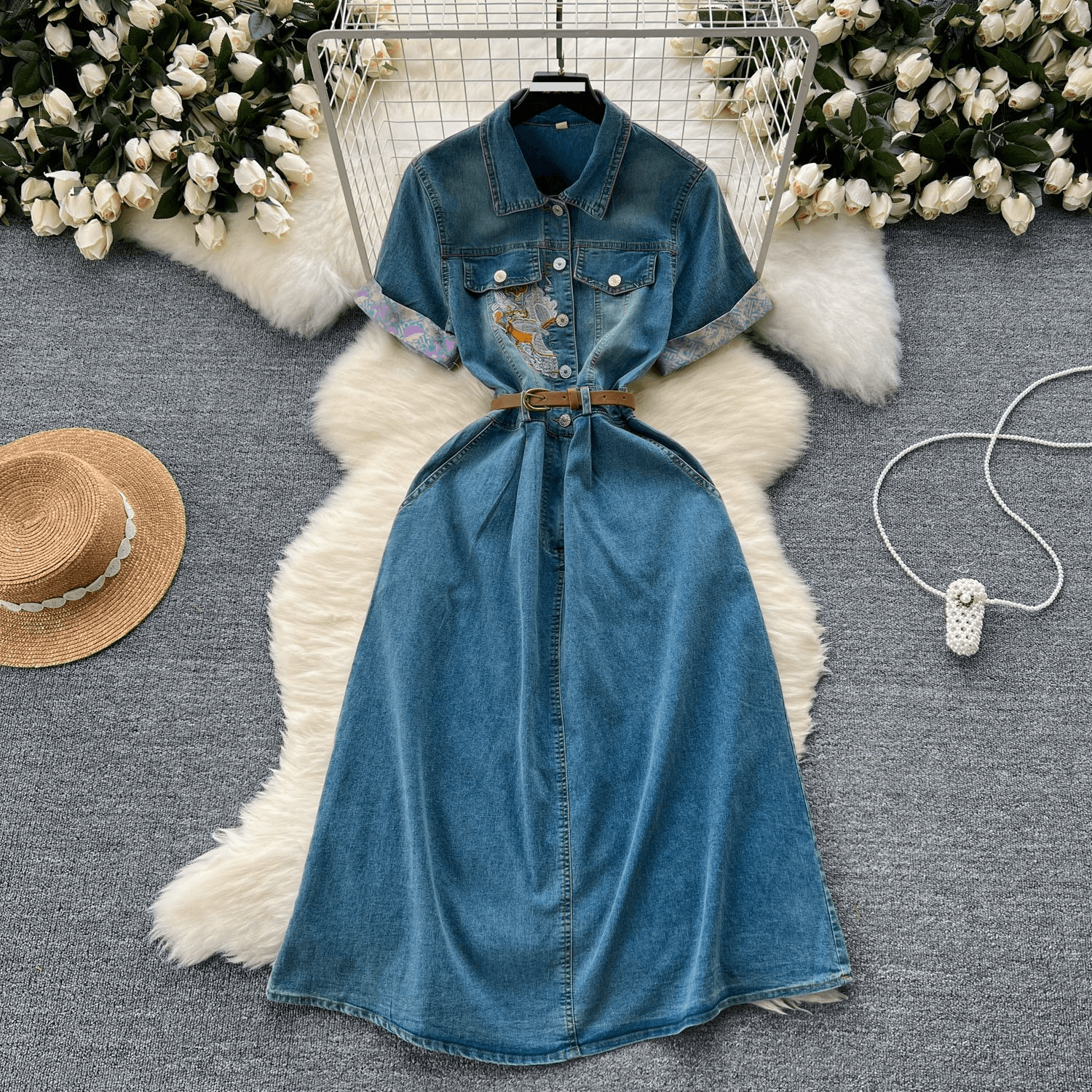 Women's Clothing High-end women's dress new summer style heavy embroidery waist slim temperament short-sleeved denim mid-length skirt