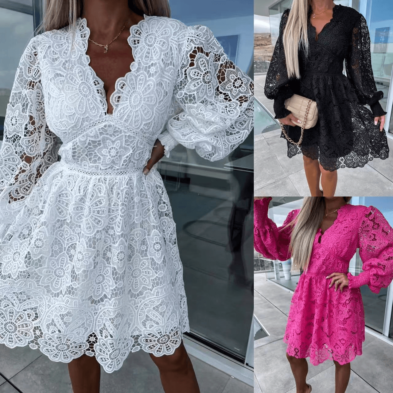Sexy Hollow Water Soluble Lace Temperament Commuter Dress
