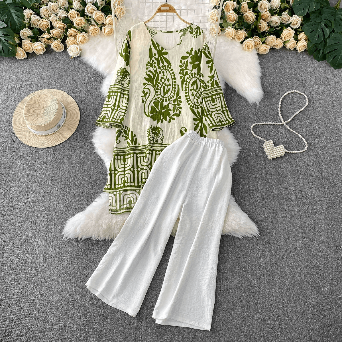 Retro V-Neck Printed Loose Mid-Length Top & High-Waist Slim Straight Wide Leg Pants - 2 Piece Set​​