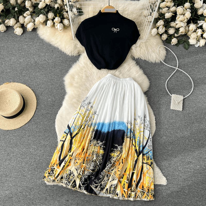 Women's Clothing Ins Style Temperament Summer Short Knitted Top + Medium Length Pleated Printed Skirt Two Piece Suit For Women