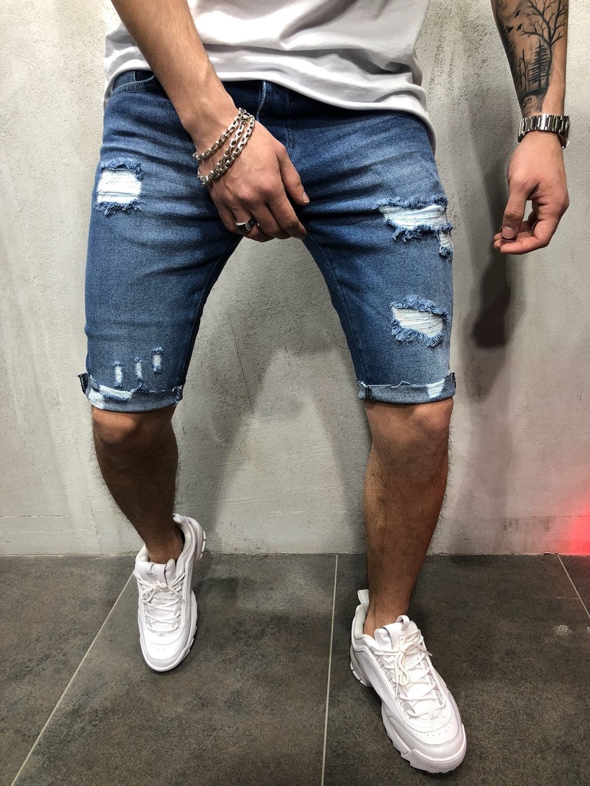 European And American Men's New Denim Capris With Fashionable Holes, Slim Fit And Slimming Shorts