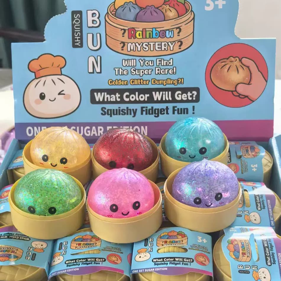 Glitter Dumpling Squishy With Box Dumplings Sensory Steamer Soft TPR Dough Ball For Decompression Fidget Toy Stress