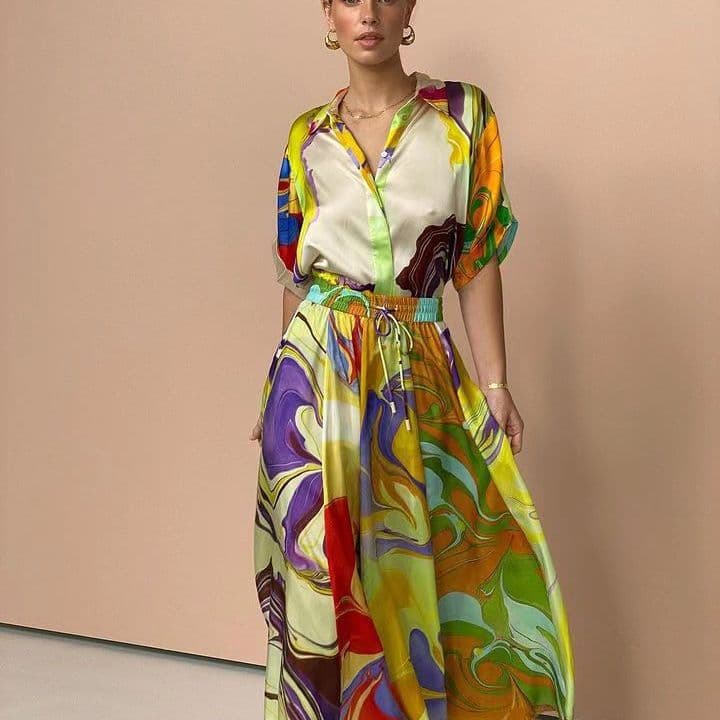 Women's Clothing temperament commuting fashion printed satin casual suit