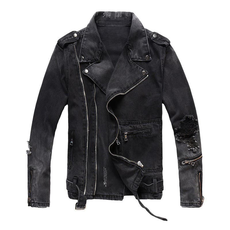 Men's Clothing Punk Style Motorcycle Jacket Men's Ripped Casual Versatile Slim Black Denim Jacket Youth Autumn And Winter 403