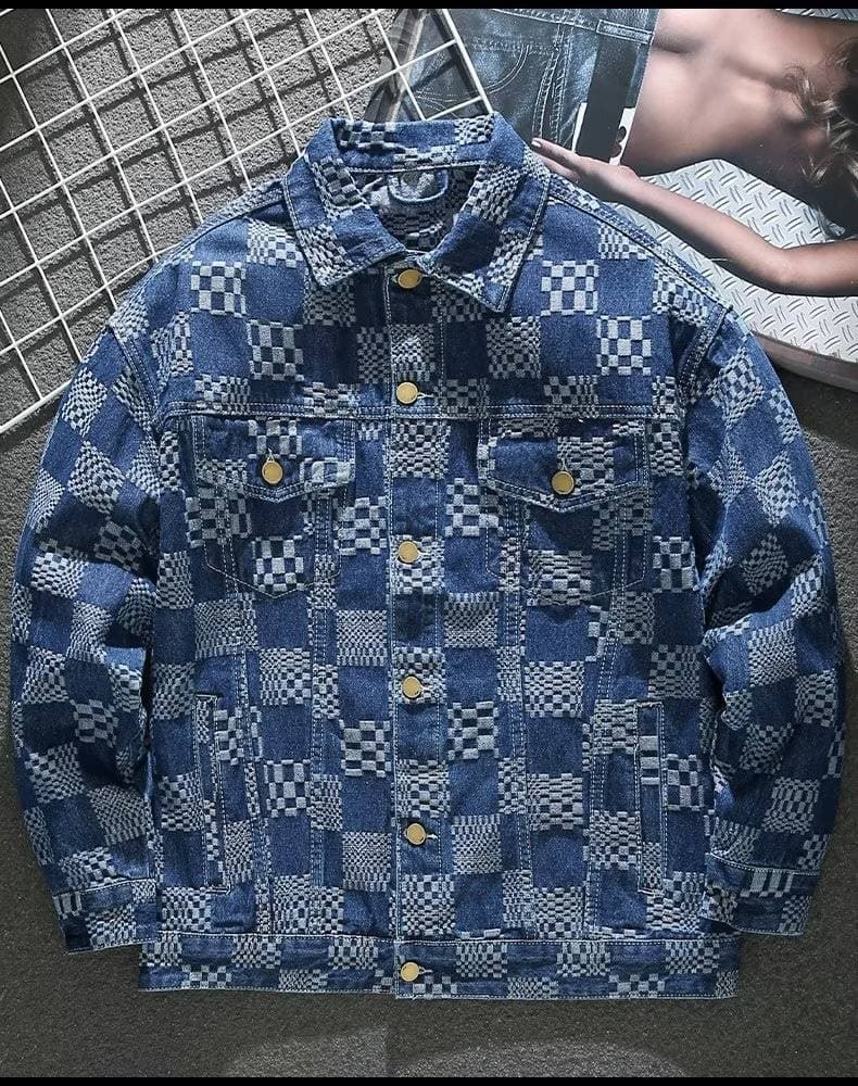 Men's Clothing Spring And Autumn High End Design Personality Jacquard Plaid Loose Plus Size Coat Denim Jacket Men