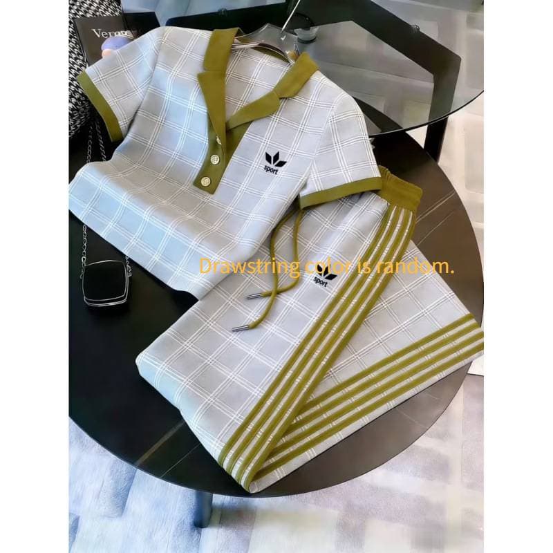 Ensemble deux pièces pour femme : polo imprimé 3D, pantalon large à manches courtes et color block.
