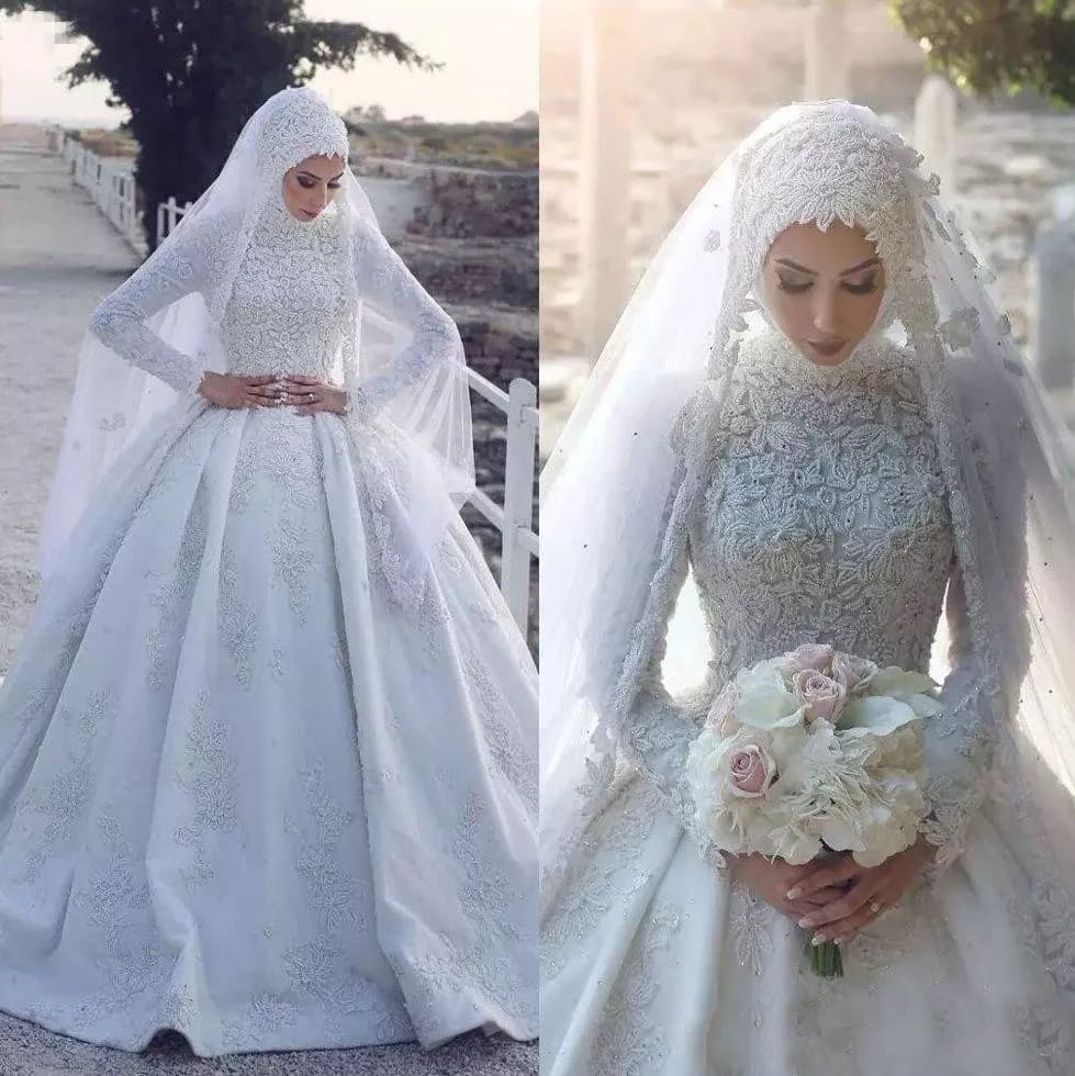Women's Muslim bride lace long-sleeved wedding dress