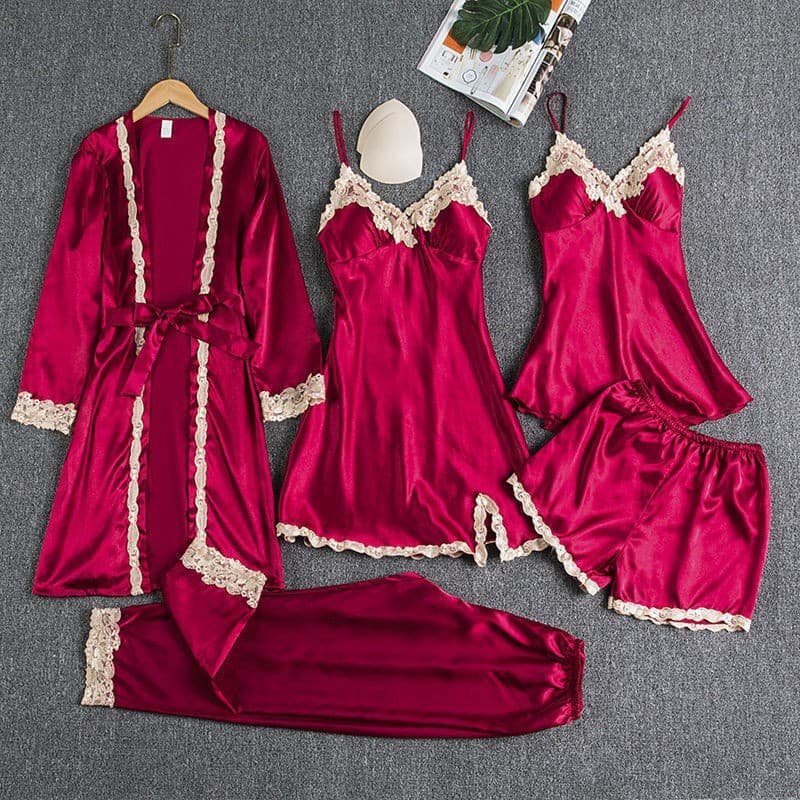 Women's Sleepwears Pajamas Bra Pads Gold Five Piece Set Simulated Silk Dress Sexy Suspender Skirt Long Sleeved Nightgown Home Clothes
