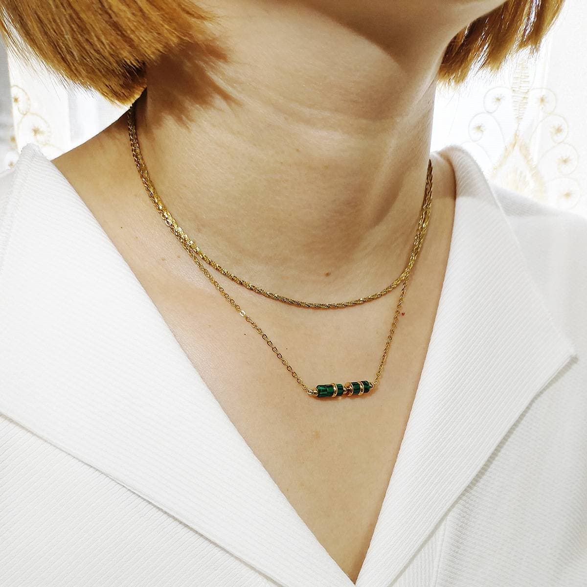 K Gold Waterproof Non Fading Jewelry Exquisite Double Layer High Grade Natural Stone Stainless Steel Clavicle Necklace Female