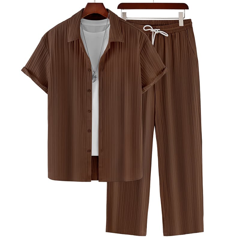 Men's Clothing Thin Breathable Short Sleeved Shirt Suit Men's Striped Three Quarter Sleeve Two Piece Suit