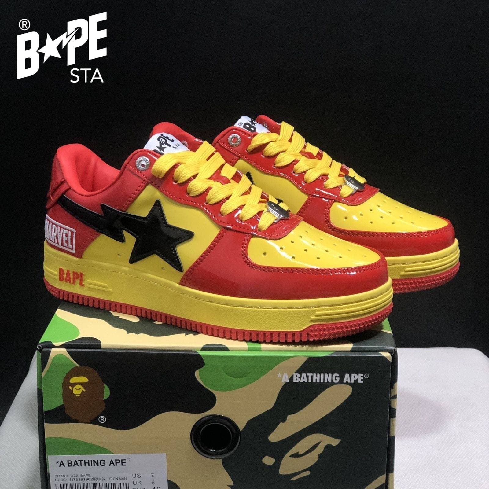 A BATHING-APE Classic Marvel-Lacquer Leather Splicing Fashion Board Shoes Air Force No.1 Board Shoes Unisex