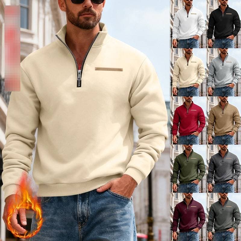 ​​Men's Fleece-Lined Heavyweight Half-Zip Sweatshirt Winter Thermal Pullover With Stand Collar & Contrast Trim Outdoor Sportswear​​
