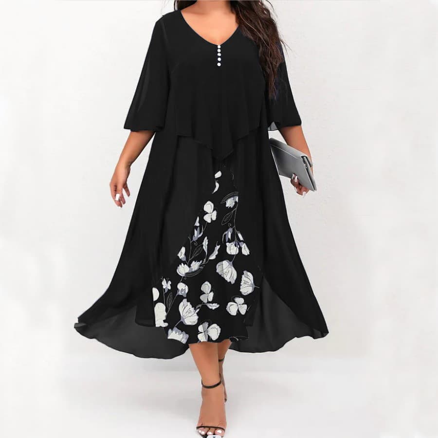 New Women's Chiffon Spliced Fake Two Piece Irregular Mid Sleeve Plus size Dresses