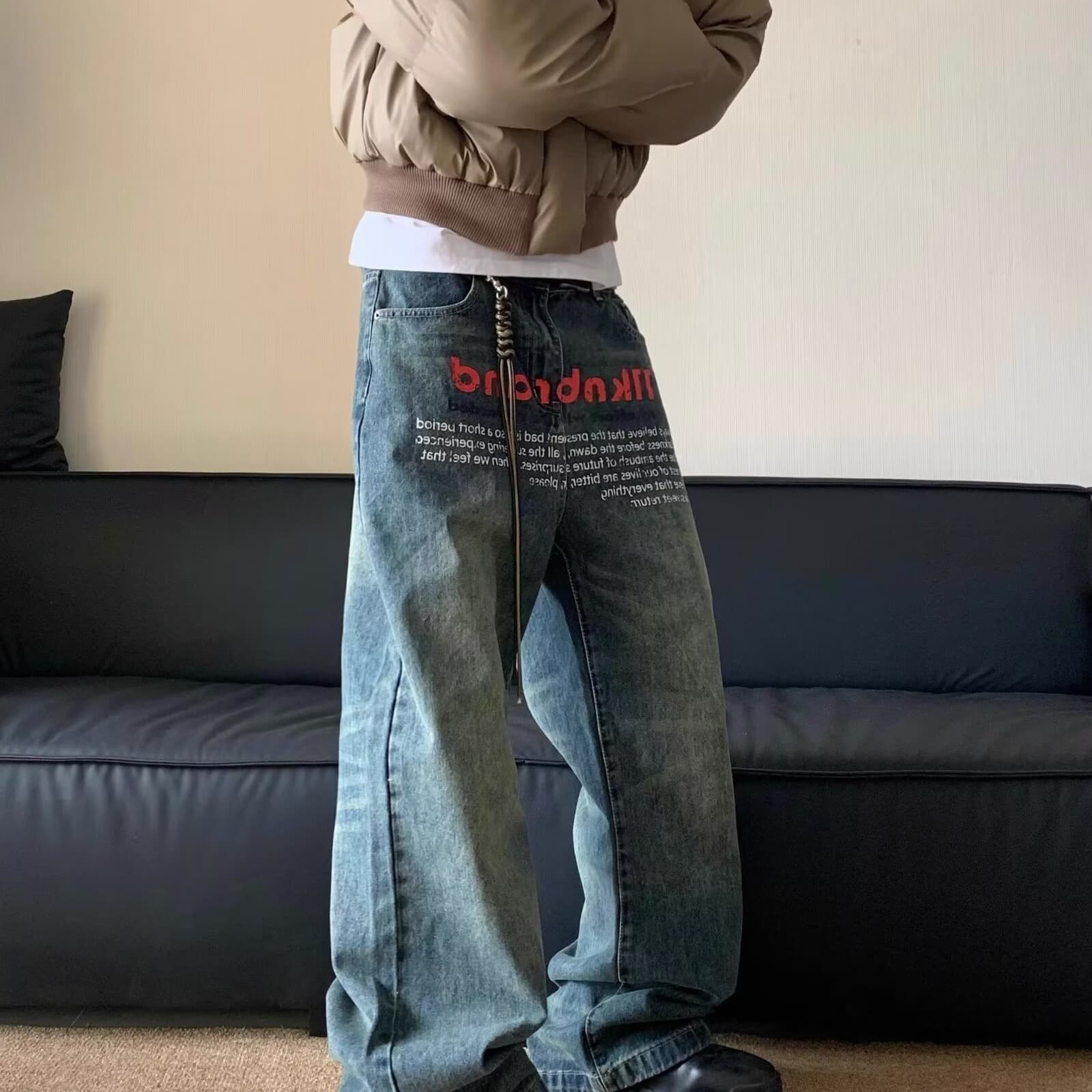 Jean ample à jambe droite pour homme, style hip-hop, style vintage américain, tendance, imprimé lettres, nouvelle collection automne