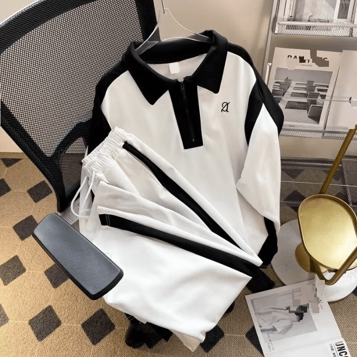 Women's Clothing Retro Contrast Color Ootd Long Sleeved Sweatshirt Sports Straight Pants Two Piece Suit Men And Women Loose Casual Suit
