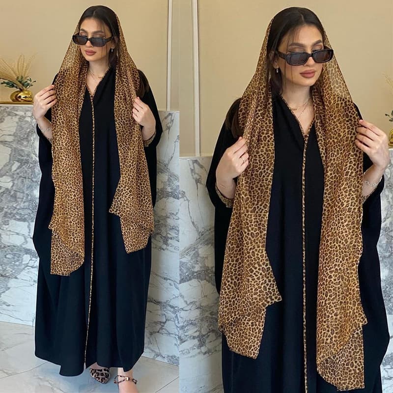 Women's Clothing Muslim New Abaya Fashion Cardigan Leopard Chiffon Color Matching Robe Turkish Ins With Headscarf