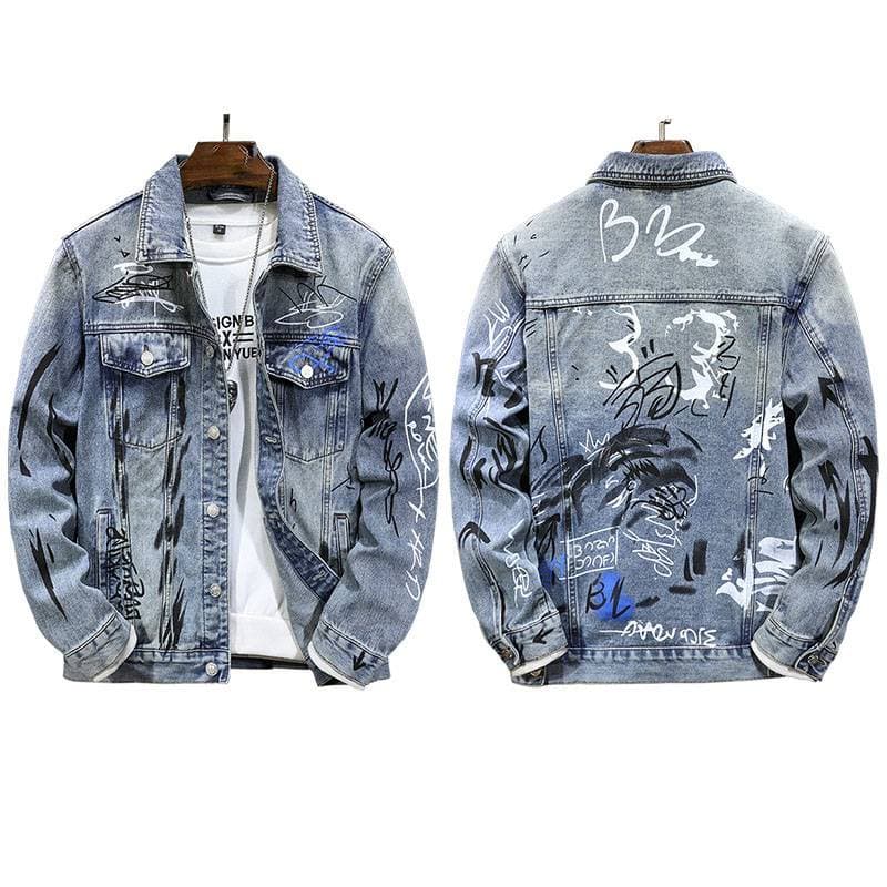 Men's Clothing versatile men's jackets high trendy brand graffiti print fitted denim jacket