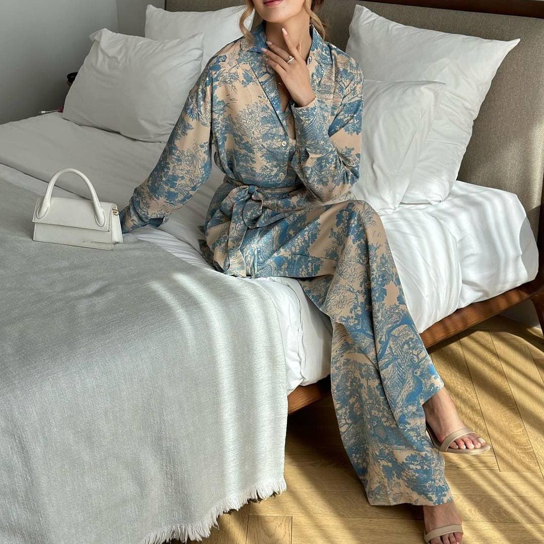 Women's Clothing Printed Long Sleeved Lace Up Shirt High Waisted Wide Leg Pants Suit