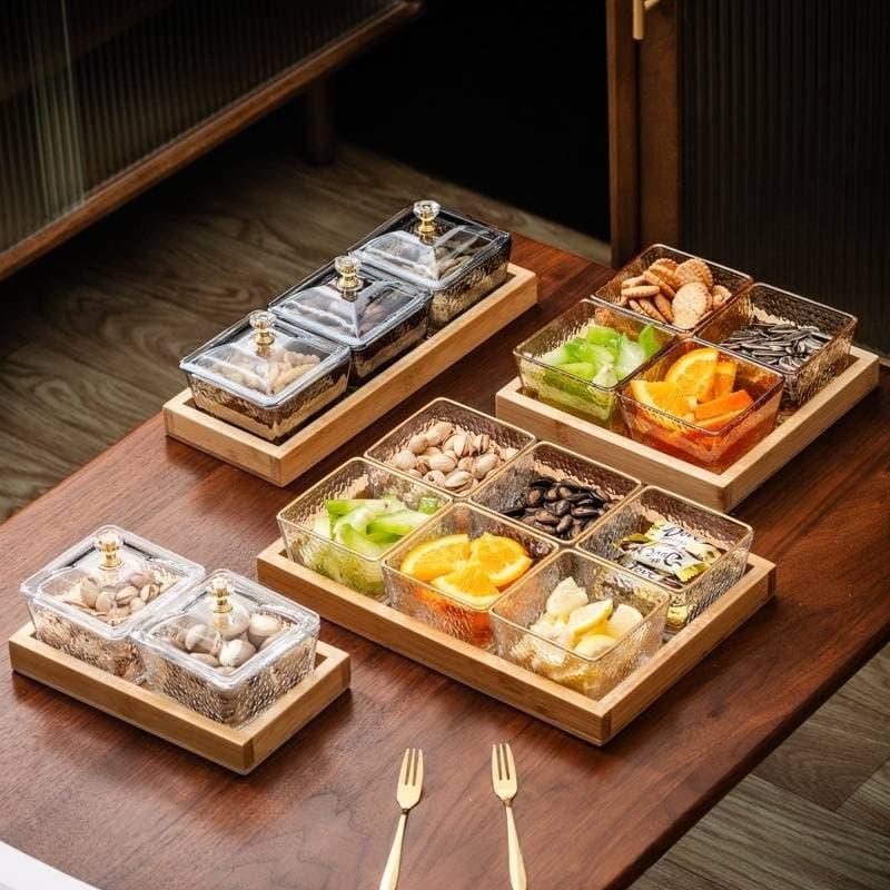 Premium Acrylic 6-Compartment Serving Tray - Party Snack & Candy Display Platter For Ktv & Catering (Sturdy Non-Slip & Dishwasher Safe)​​