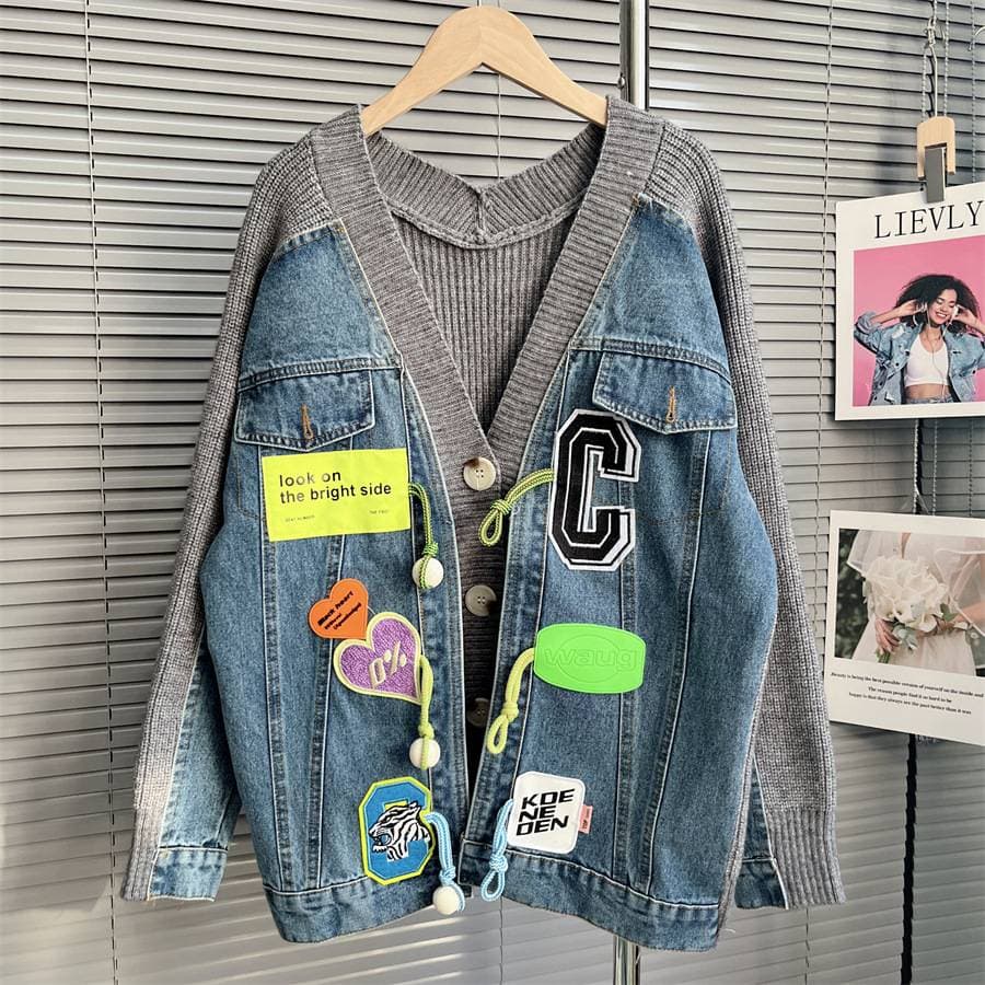 Denim Patchwork Sweater Cardigan Women 2022 New Autumn Loose Lazy Style Design Knitted Jacket Top