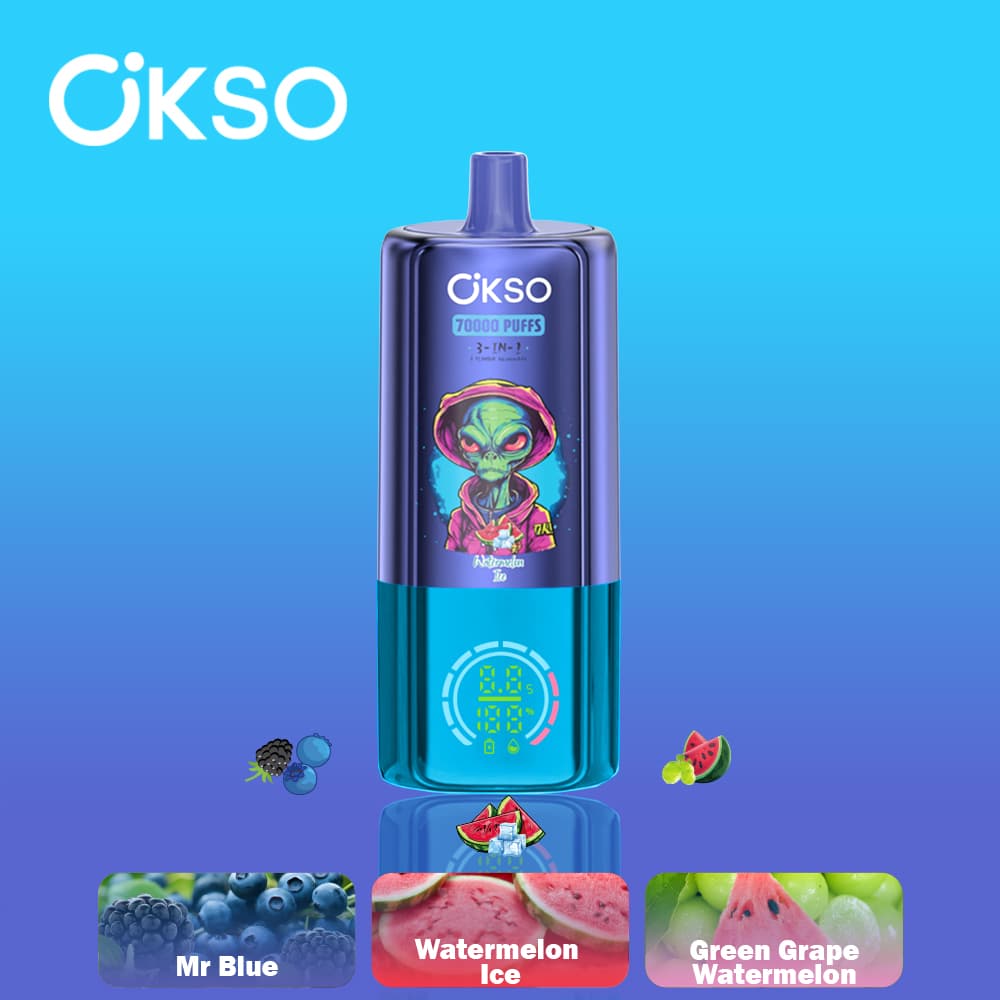 Vape 70K Triple Saveur OKSO 3EN-1 70000 Bouffées Dispositif de Vape Jetable 48ml E-Liquide Prérempli Écran Type-C Support de Cigarette Rotatif Vap
