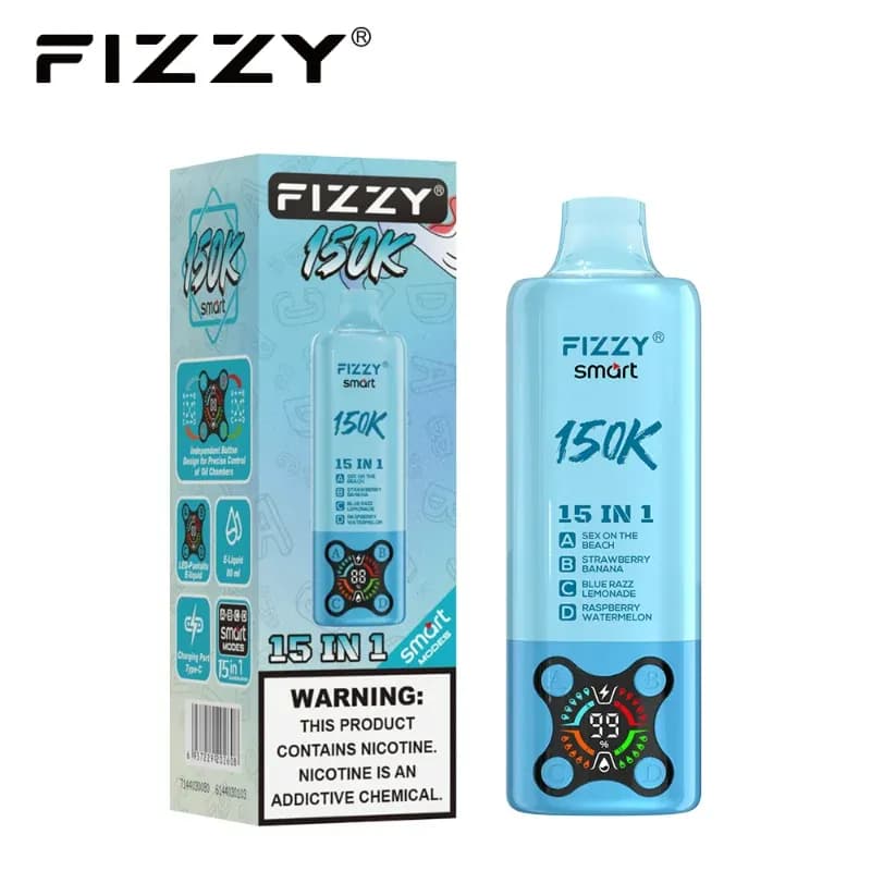 Vape rechargeable 4 en 1 Fizzy Smart 150K, écran numérique, 15 combinaisons de saveurs, 80 ml, 2 % de nicotine