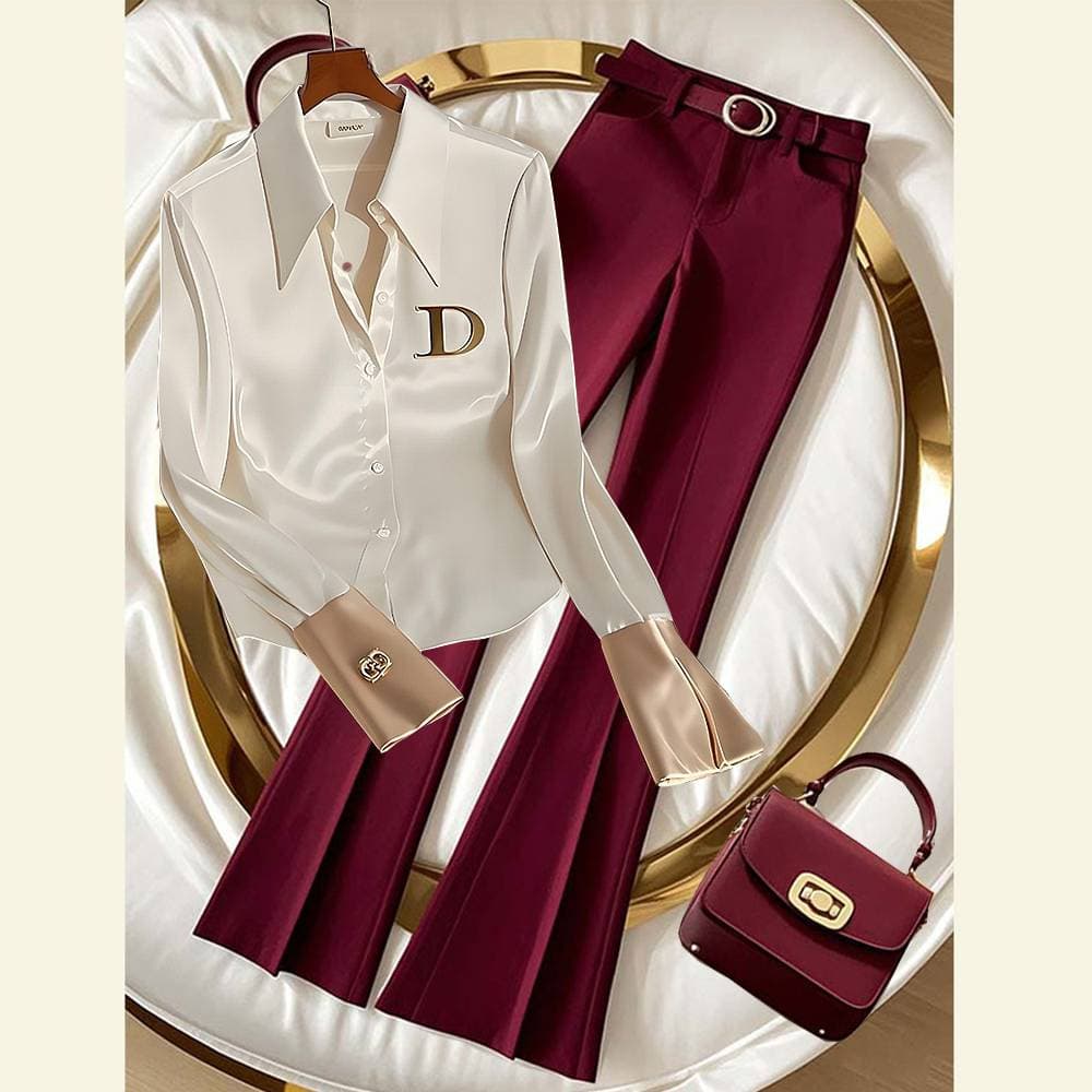 Women's Satin Blouse and High-Waisted Pants Set, Long Sleeve Silk Button-Down Shirt with Wide Leg Trousers, Elegant 2-Piece Office Outfit