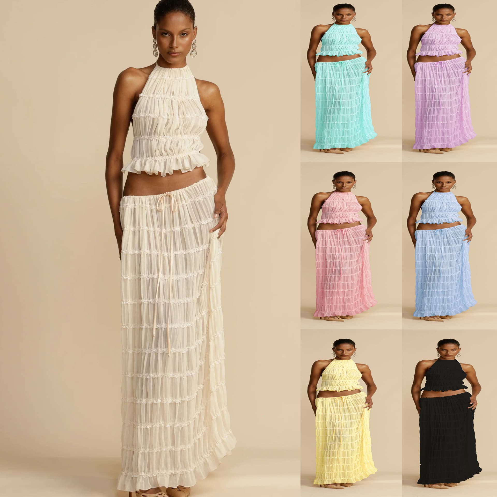 Women's clothing spring and summer new casual halter neck multi-wear two-piece suit INS loose holiday women's skirt suit