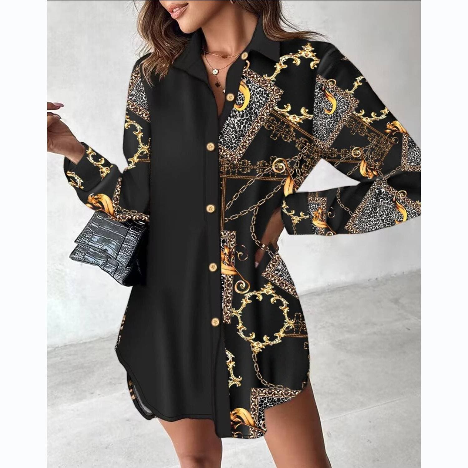 Women's Clothing long sleeved printed patchwork button dress blouse