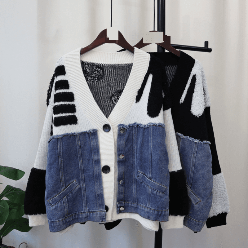 Women's Clothing 2024 autumn and winter new patchwork denim knitted cardigan loose casual design color matching lazy sweater jacket for women